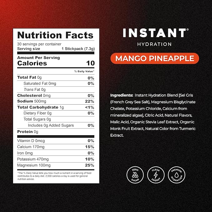 Instant Hydration Electrolytes Powder Packets - Mango Pineapple Drink Mix - Zero Sugar - Keto, Vegan, Gluten-Free, Non-GMO - Boost Recovery, Brain Health, Muscle & Tissue Support- 30 Sticks