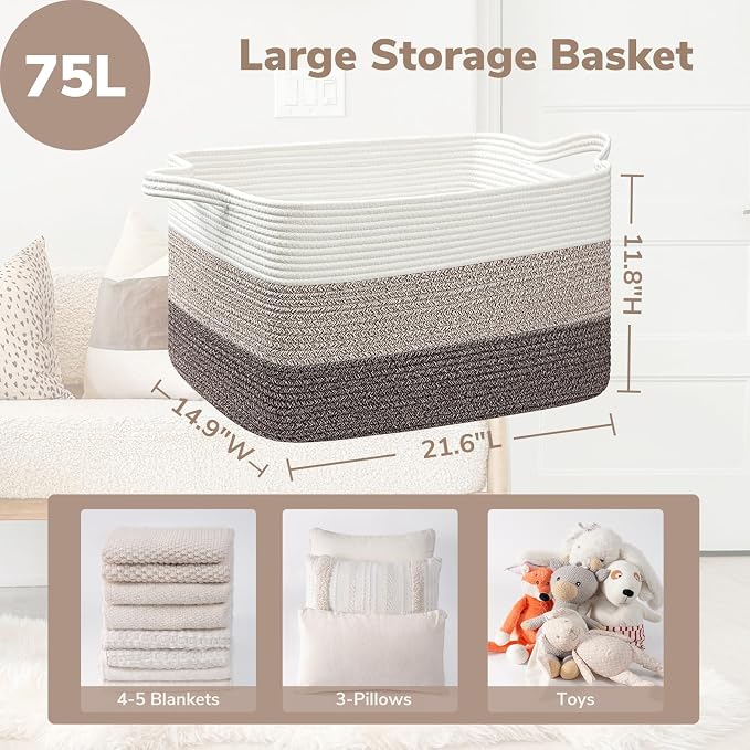 Goodpick Large Woven Storage Basket, 21.6"x14.9"x11.8", Blanket Storage for Bedroom and Living Room, Rectangle Rope Baskets for Storage, White Brown