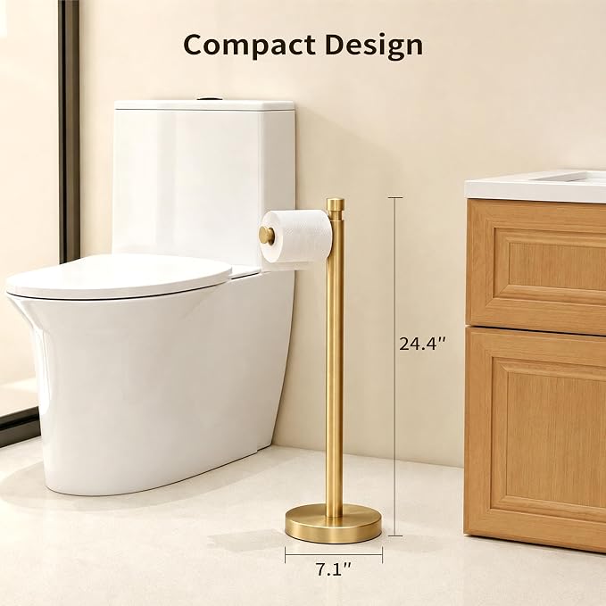 YUMORE Toilet Paper Holder Stand, 4.4lbs Heavy Duty Stainless Steel Free Standing Bathroom Tissue Roll Holder, Brushed Gold