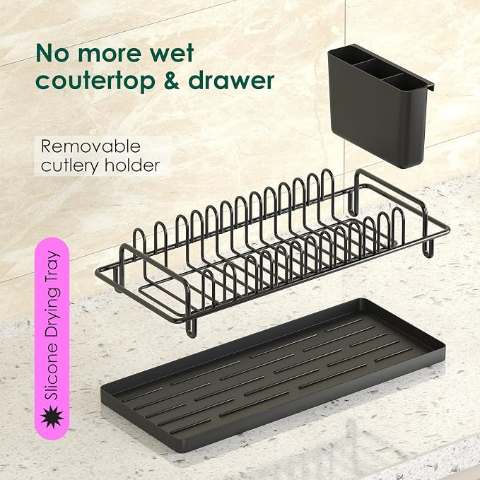 Giwil Small Dish Drying Rack, Compact Dish Rack with Silicone Tray and Caddy, Multifunctional Dish Drainer Sink Drying Rack for Kitchen Counter & Over the Sink, Stainless Stell, Black