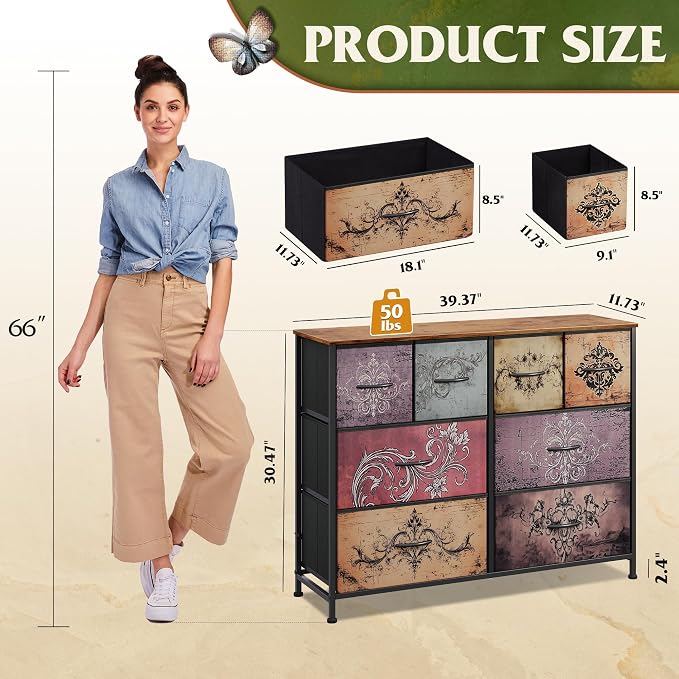 WLIVE Dresser for Bedroom with 8 Drawers, Wide Fabric Dresser for Storage and Organization, Bedroom Dressers, Chest of Drawers for Living Room, Closet, Hallway, Pattern