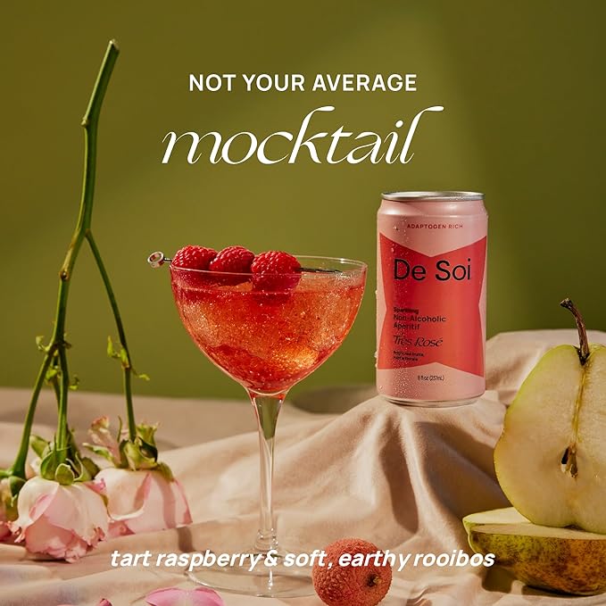 De Soi Très Rosé 12-Pack – Sparkling Non-Alcoholic Rosé-Inspired Drink with Adaptogens, L-Theanine, Lion’s Mane & Reishi Mushroom, Elegant Mocktail & Alcohol Alternative