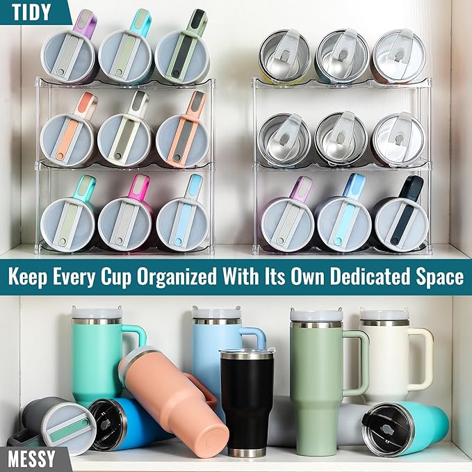 Design for Stanley 40 OZ & Large Bottles & Tumblers with Handle, Acrylic Water Bottle Organizer - Stackable Clear Wine Rack, Cup Holder for Home Kitchen Pantry Shelf Countertop Cabinet, 3 Tier Hold 9