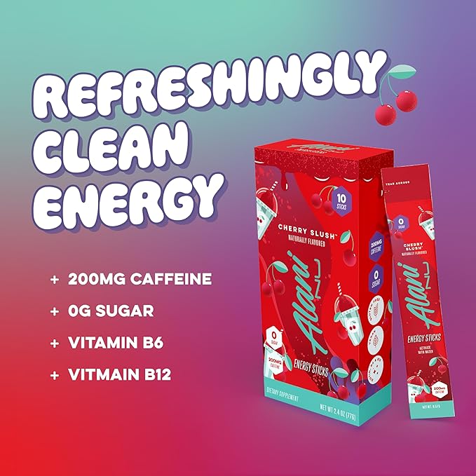Alani Nu CHERRY SLUSH, Energy Sticks Drink Powder, 200mg Caffeine, Pre Workout Performance with Antioxidants, On-The-Go Drink Mix, Biotin, B Vitamins, Zero Sugar, 5 Calories, 10 Pack