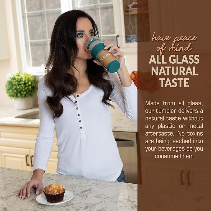 Tupkee Double Wall All Glass Tumbler - 14-Ounce, Reusable Insulated Tea/Coffee Mug & Lid, Hand Blown Glass Travel Mug - Cyan- 2 Pack
