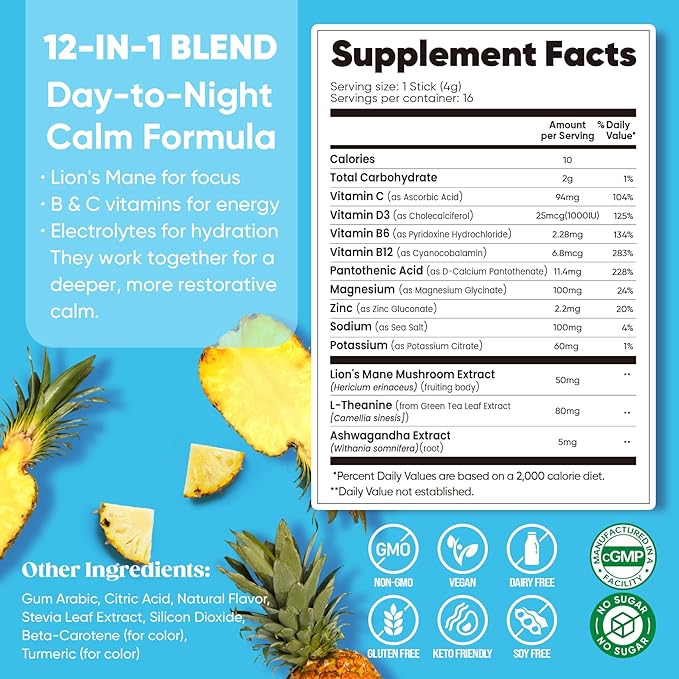 Venture Pal Calm Drink Mix, Cortisol Reducer and Sleep Aid with Magnesium Glycinate, Ashwagandha, L-Theanine,Vitamin D, Calm Magnesium Powder for Relax & Focus, No Sugar, Non GMO, Vegan & Gluten-Free