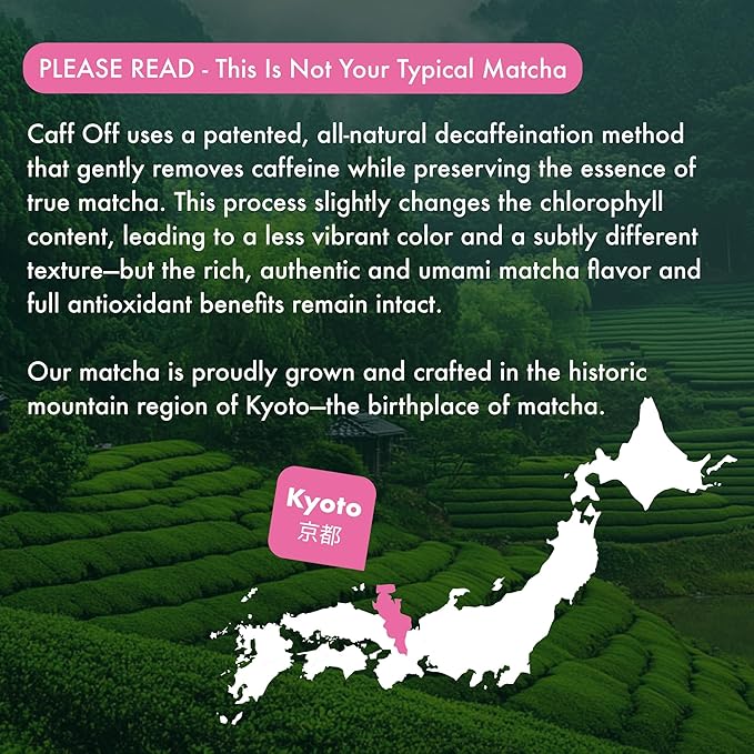 Caff Off Decaf Strawberry Matcha Green Tea Powder From Japan – 3.52 oz / 100 g – Ceremonial Grade & Sugar-Free – No Fillers or Milk Powders – Naturally Decaffeinated Without Chemicals – Tested for Heavy Metals – First Harvest, Shade-Grown & Caffeine-Fr...