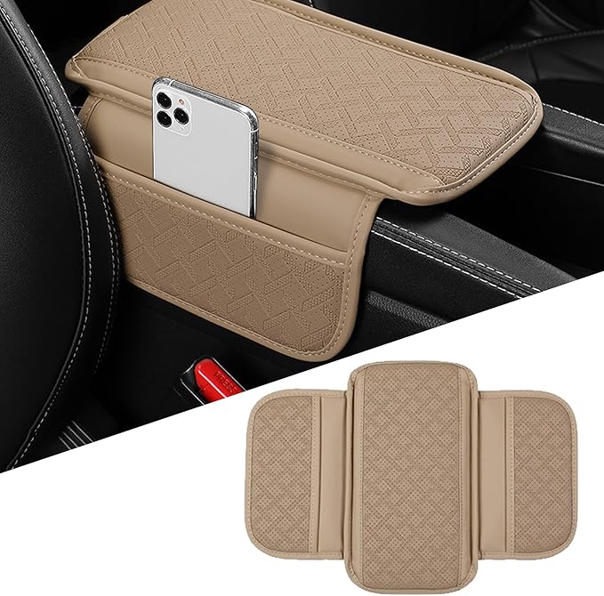 Car Armrest Cushion, Leather Soft Vehicle Center Console Cover with 2 Storage Bag, Breathable Automotive Interior Arm Rest Protection Pad Accessories, Universal for SUV Sedan Truck(Beige)
