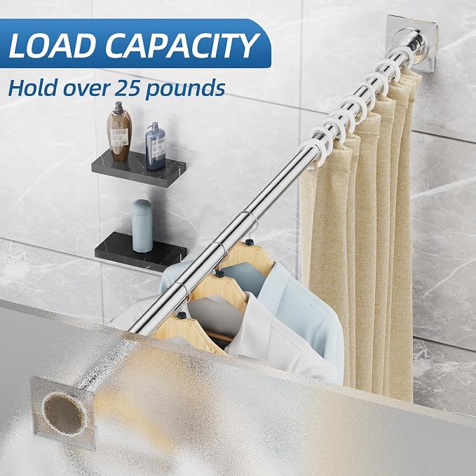 CorkLatta Chrome Shower Curtain Rod,1 Inch Diameter Stainless Steel Adjustable Spring Tension Rods 32 to 68",with Holders,Anti-Slip,Curtain Rods No Drilling(1 Pack)