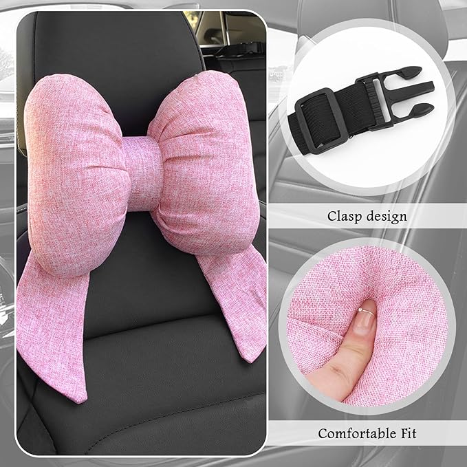 2PCS Cute Bow Car Headrest Pillow,Comfortable & Breathable Car Neck Pillows for Relief Neck Fatigue,Universal Head Rest Pillow for Cars Decoration as Birthday Gifts for Women,Girl (Pink/2PCS)