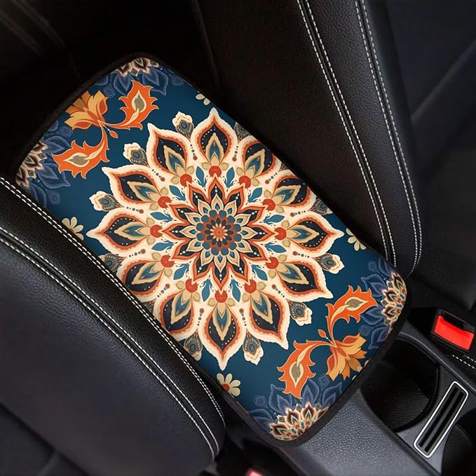 Bohemian Flower Print Center Console Armrest Pad for Cars Universal Decorative Car Armrest Box Protector Pad Easy to Install Car Decor Accessories for Sedan SUV Truck