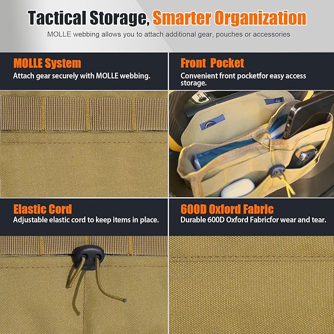 Seat Back Storage Bag for Ford Bronco 2021-2025, MOLLE Tactical Organizer for 2-Door & 4-Door (Not Sport), Armrest Storage Pouch, 600D Oxford, No Drill Easy Install, Off-Road Gear Holder Brown
