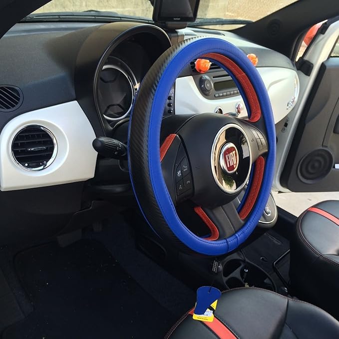 Jdragon Blue & Carbon Fiber Style PVC Leather Slip-On Steering Wheel Cover 14.25-15" Diameter