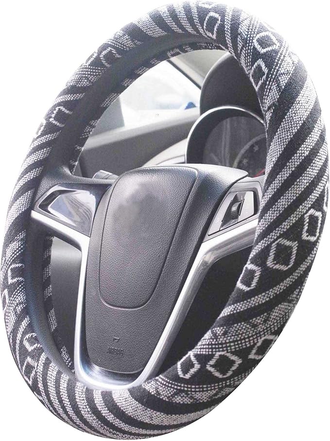 Medium Ethnic Style Coarse Flax Cloth Automotive Steering Wheel Cover Anti Slip and Sweat Absorption Auto Car Wrap Cover (14.5''-15'',G)