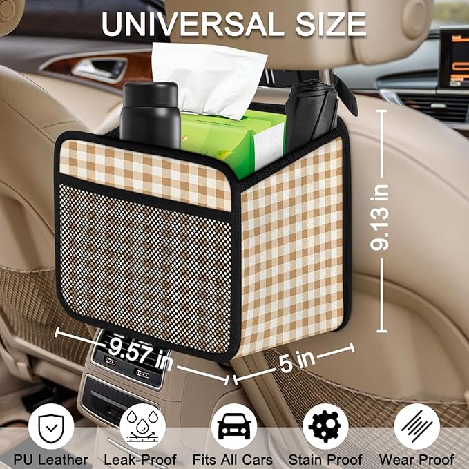 Gingham Light Brown Car Backseat Organizer PU Leather Truck Back Seat Trash Bag Universal Hanging Storage Box Travel Accessories Foldable