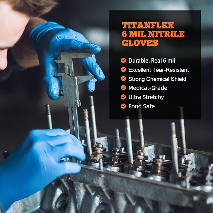 TitanFlex Nitrile Exam Gloves, Blue, 6-mil, Heavy Duty Nitrile Gloves, Mechanic Disposable Gloves, Latex Free, Powder Free