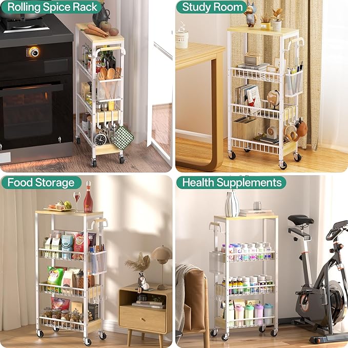 Slim Bathroom Storage Cart, 4 Tier Small Rolling Organizer Cabinet with Wood Top Handle, Mobile Shelving Unit Slide Out for Office, Kitchen, Laundry Room & Narrow Places (9.1" Overall Width)