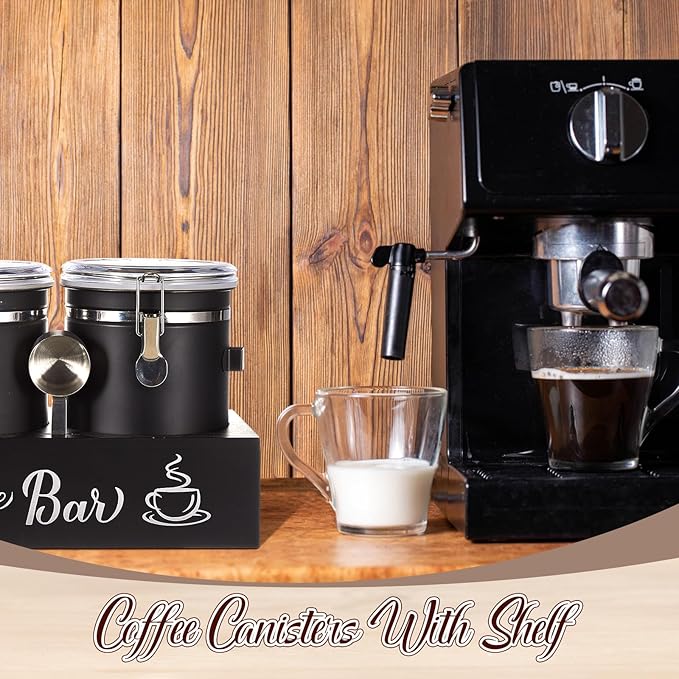 Domensi 3 x 66 oz Airtight Coffee Canisters with Shelf, Coffee Bean Storage Container 304 Stainless Steel Coffee Bean Storage with Airtight Locking Clamp and Scoop, Kitchen Food Storage Jar(Black)