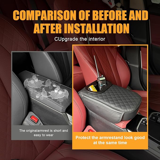 MAIKER Auto Center Console Armrest Pillow for Universal Car, PU Leather Car Armrest Cushion with Cup Holder and 2 Side Storage Bag, Armrest Box Cover Protector