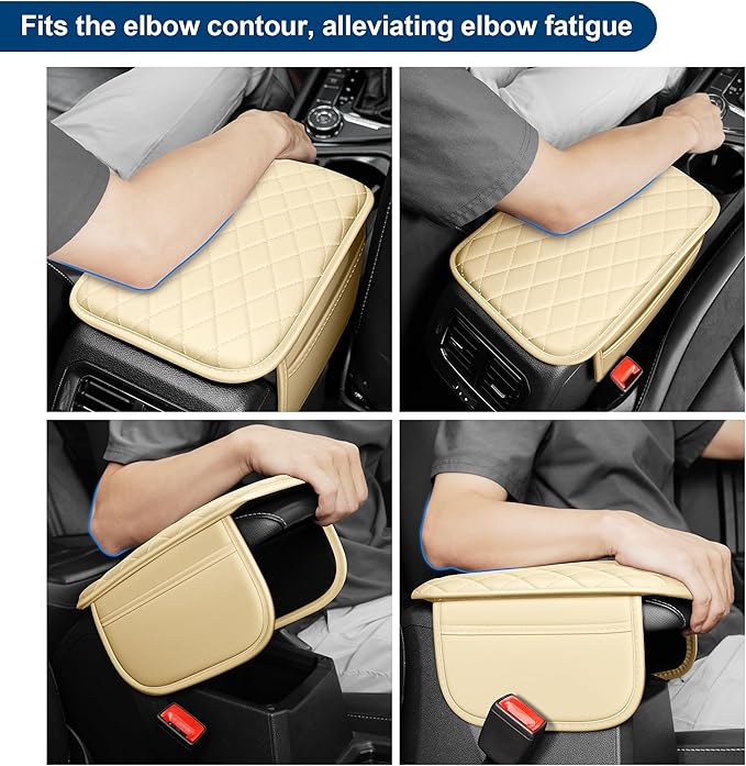Car Center Console Cover Fit for Volkswagen Taos Leather Armrest Cover with 2 Storage Bags Waterproof Console Cover Scratch & Wear Resistant(Beige)