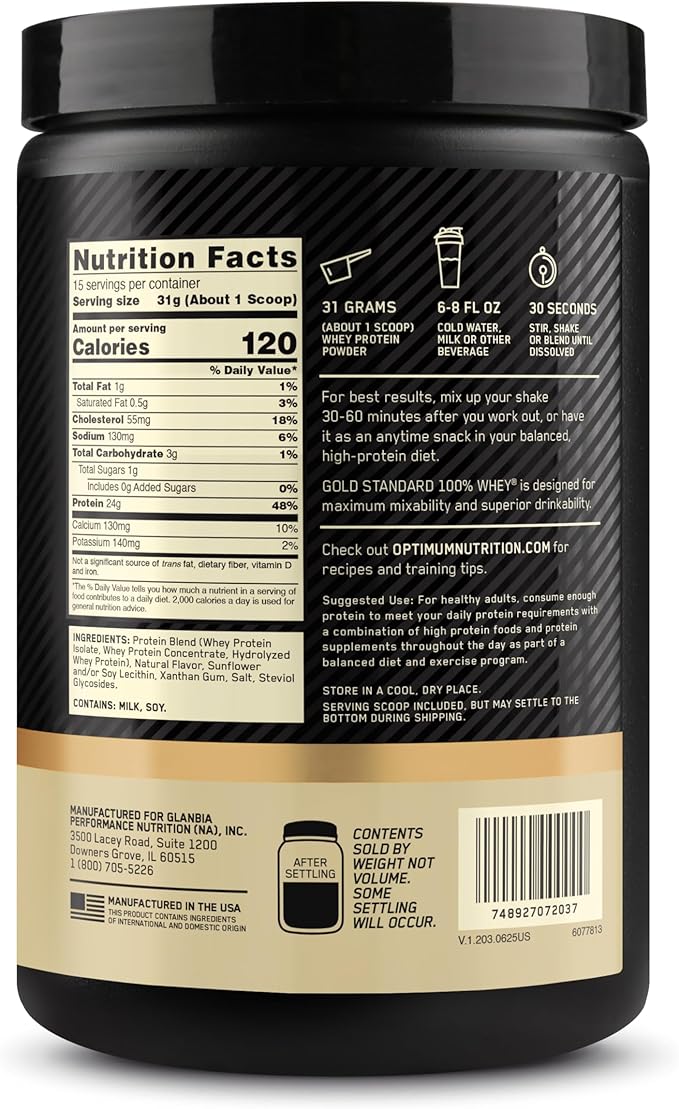 Optimum Nutrition Gold Standard 100% Whey Protein Powder, Naturally Flavored Vanilla, 15 Servings (Packaging May Vary)
