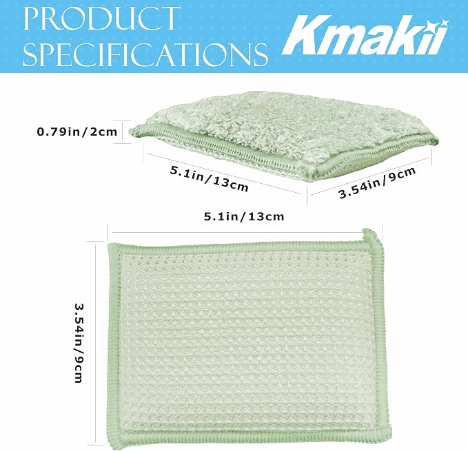 KMAKII Bamboo Kitchen Sponges Dish Sponge Super Absorbent Natural Dish Sponges, Green, Pack of 6
