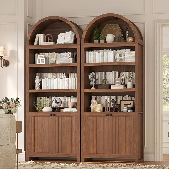 81" Tall Arched Cabinets,Bookcase with storage,Mid-Century Modern 6-Tier Bookshelf with Door,2 Book Risers and Adjustable Shelves offering more storage space for Living Room,Kitchen,Home Office,Brown