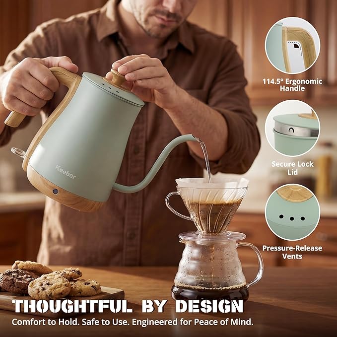 Electric Kettle, Electric Tea Kettle Stainless Steel, Gooseneck Electric Kettle, 1000W Hot Water Kettle Electric Auto Shut Off, 0.8L, Wood-like Grain Finish Handle, Light Green