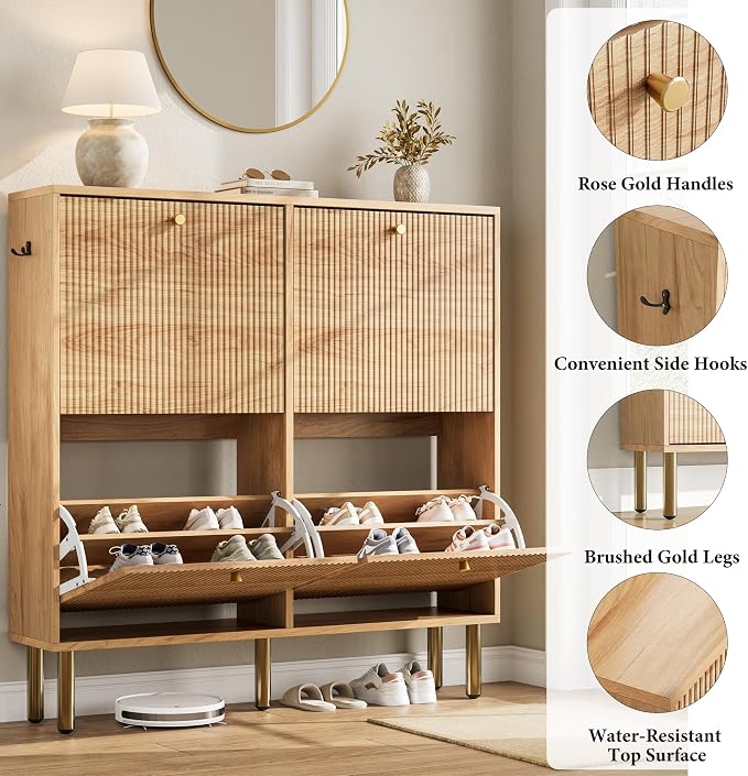 Nicetree Shoe Storage Cabinet for Entryway, Modern Natural Shoe Cabinet with Tiered Fluted Design, 9.5" Slim Shoe Rack for Small Spaces, 4 Flip Drawers Narrow Shoe Cabinet for Small Space