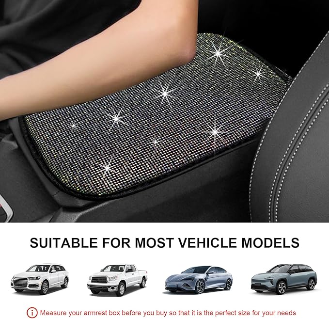 Bling Car Armrest Cover, 11.8"×8.5" Crystal Rhinestone Auto Center Console Protective Cover, Bling Charming Arm Rest Cushion Pad for Most Cars SUVs Trucks, Car Accessories (Black&Colorful)