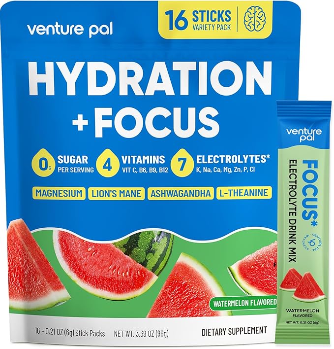 Venture Pal 2-in-1 Hydration Packets + Focus Support Electrolytes Powder, 7 Electrolytes + Vitamins, Magnesium, Lion's Mane & L-Theanine | Sugar Free Liquid Daily IV Drink Mix, Vegan, Keto, 16 Sticks