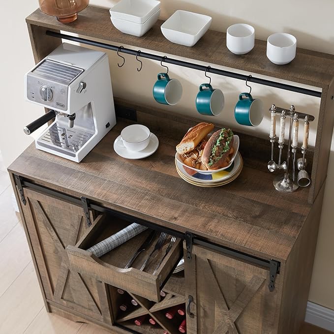 Wnutrees Farmhouse Coffee Bar Cabinet with Charging Station and USB Ports, Sliding Barn Door, 39" Kitchen Hutch Sideboard Buffet Storage Cabinet, Fits Kitchen Dining Living Room, Rustic Brown