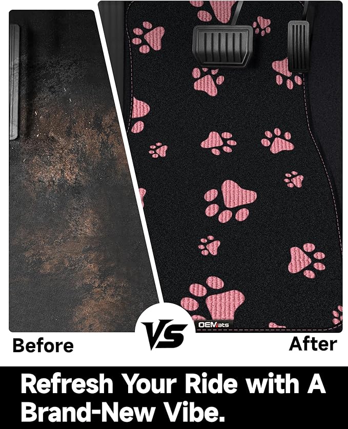 Cute Embroidered Dog Paw Car Floor Mats for Pet Lovers, Universal Fit All Weather Car Mats with Anti-Slip Nibbs Backing, Carpet Floor Mats for Cars, Trucks & Sedans, Full Set of 4 (Pink Paw)