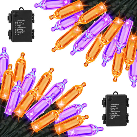 Lomotech Battery Operated Halloween Lights, 33ft, 100 LED, Orange & Purple, Waterproof, 8 Modes, Timer, Black Wire, 2 Pack