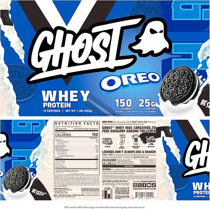 GHOST Whey Protein Powder, Oreo - 1LB Tub, 25G of Protein - Flavored Isolate, Concentrate & Hydrolyzed Whey Protein Blend - Post Workout Shakes