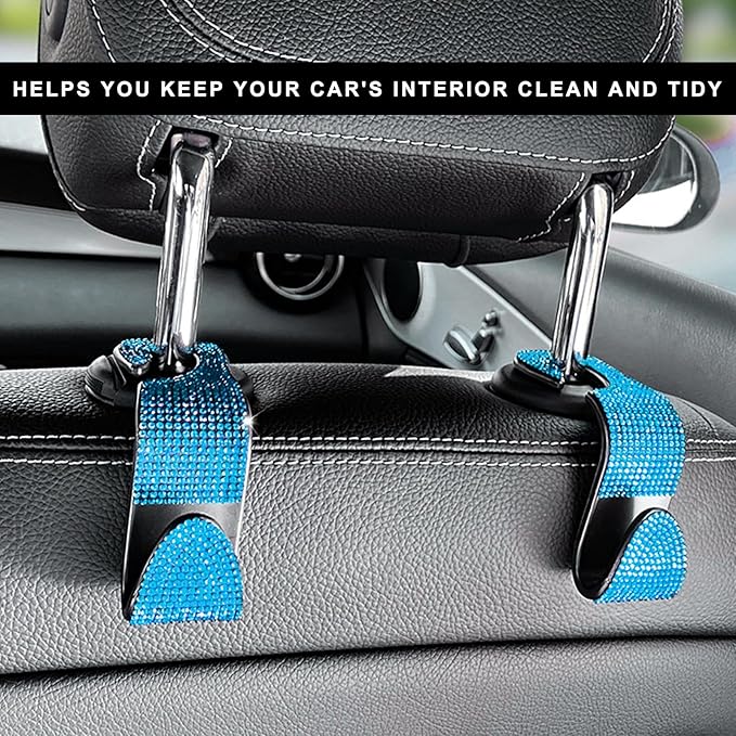4 PCS Car Seat Headrest Hooks, Bling Crystal Rhinestone Back Seat Hanger Storage Organizer, Sparkly Seatback Holder Hooks for Purse and Bags Universal For Most Vehicles (Lake Blue)