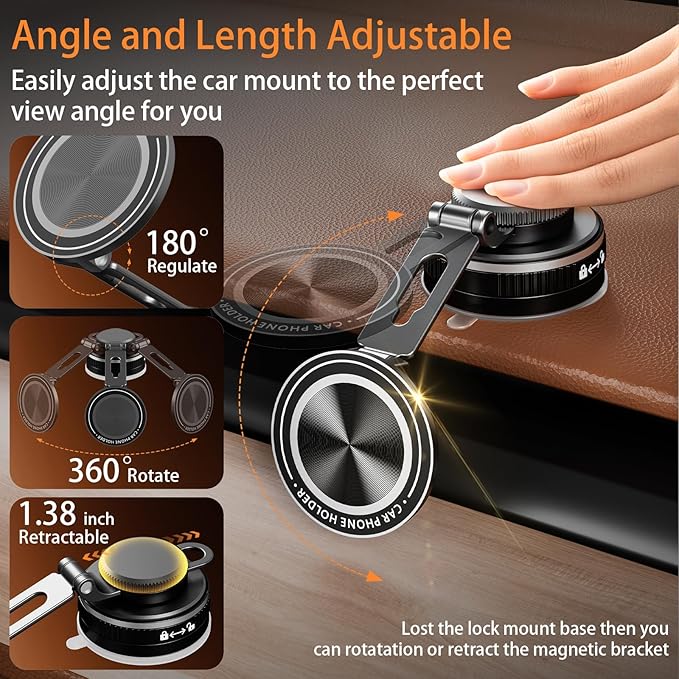 Upgraded Vacuum Magnetic Phone Holder for Car, Nano Gel Suction Cup Phone Mount for MagSafe, 108LBS Strong Suction & 3000GF Magnet, Adjustable Zinc Alloy Arm Car Mount for iPhone 17/16/15Pro Max