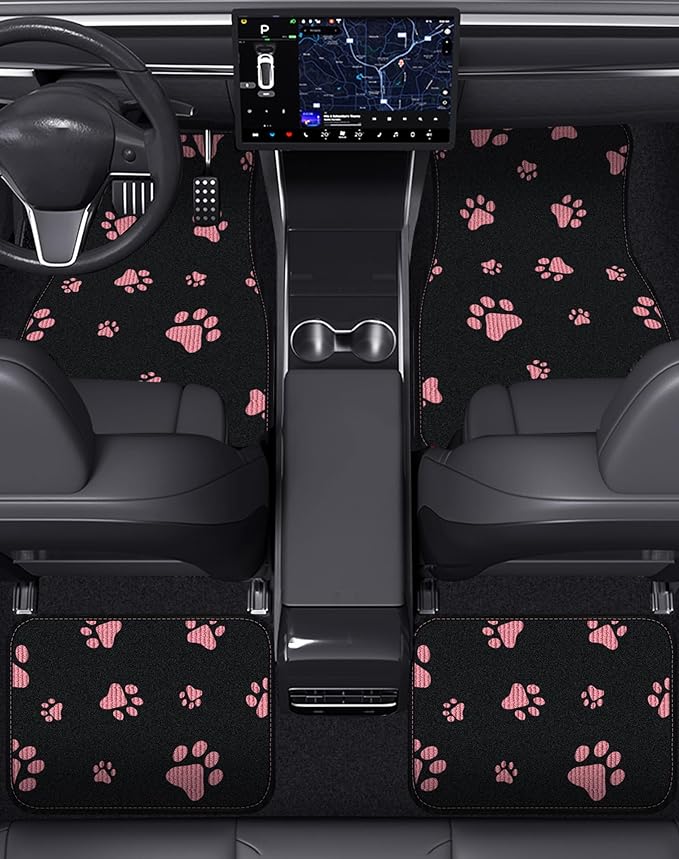 Cute Embroidered Dog Paw Car Floor Mats for Pet Lovers, Universal Fit All Weather Car Mats with Anti-Slip Nibbs Backing, Carpet Floor Mats for Cars, Trucks & Sedans, Full Set of 4 (Pink Paw)