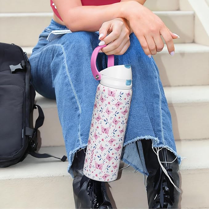 ENCOOL Leakproof Insulated Water Bottle with Straw Dual-Sip Water Bottle Bag-Safe Design for Work, Commute & Gym – Keeps Drinks Cold All Day, 32 oz, Blossom Butterfly