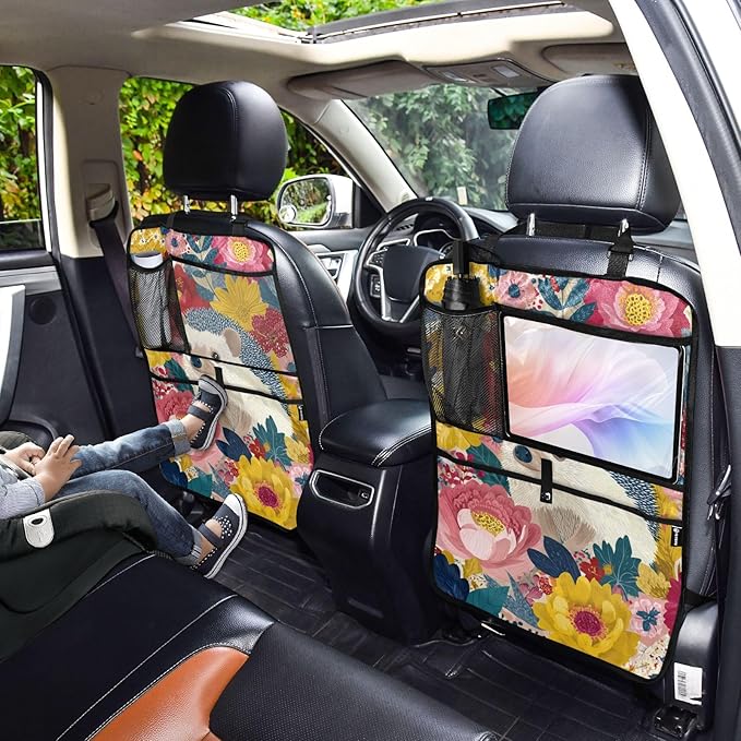 2 Pack Back Seat Car Organizer with Storage Pockets Kick Mats Back Seat Protector Hanging Car Organizer Automotive Seat Back Cover Organizers Garden Flowers Hedgehogs Colorful