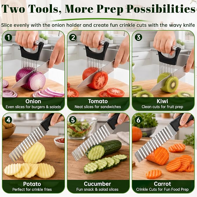 Onion Holder for Slicing & Crinkle Cutter Knife, 2 Piece Kitchen Prep Tool Set, Stainless Steel Onion Slicer Prongs, Wavy Knife, Potato Cutter for Fries, Tomato, Cucumber, Carrot