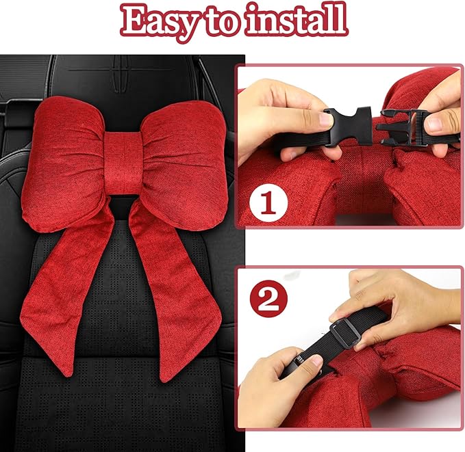 wuyaoyao Bow Car Headrest Pillow, Cute Bow Shape Car Neck Pillow, Soft Comfortable Automotive Seat Headrest Pillows for Driver, Universal Vehicle Neck Support Cushion for Sleeping Travel(Red)