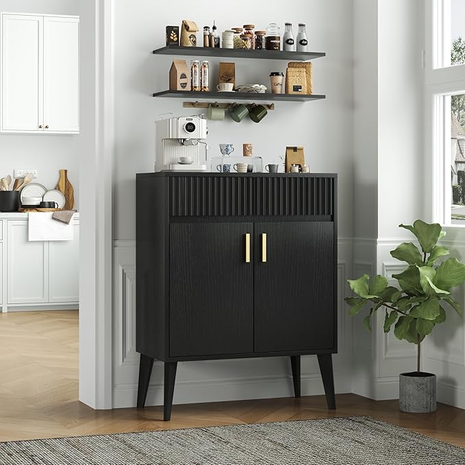 Sideboard Storage Cabinet with 2 Drawers & 2 Doors, Fluted Kitchen Buffet Cabinet with Adjustable Shelves, Coffee Bar Station for Living Room, Entryway, 13.8 x 27.6 x 35.6 Inches, Black