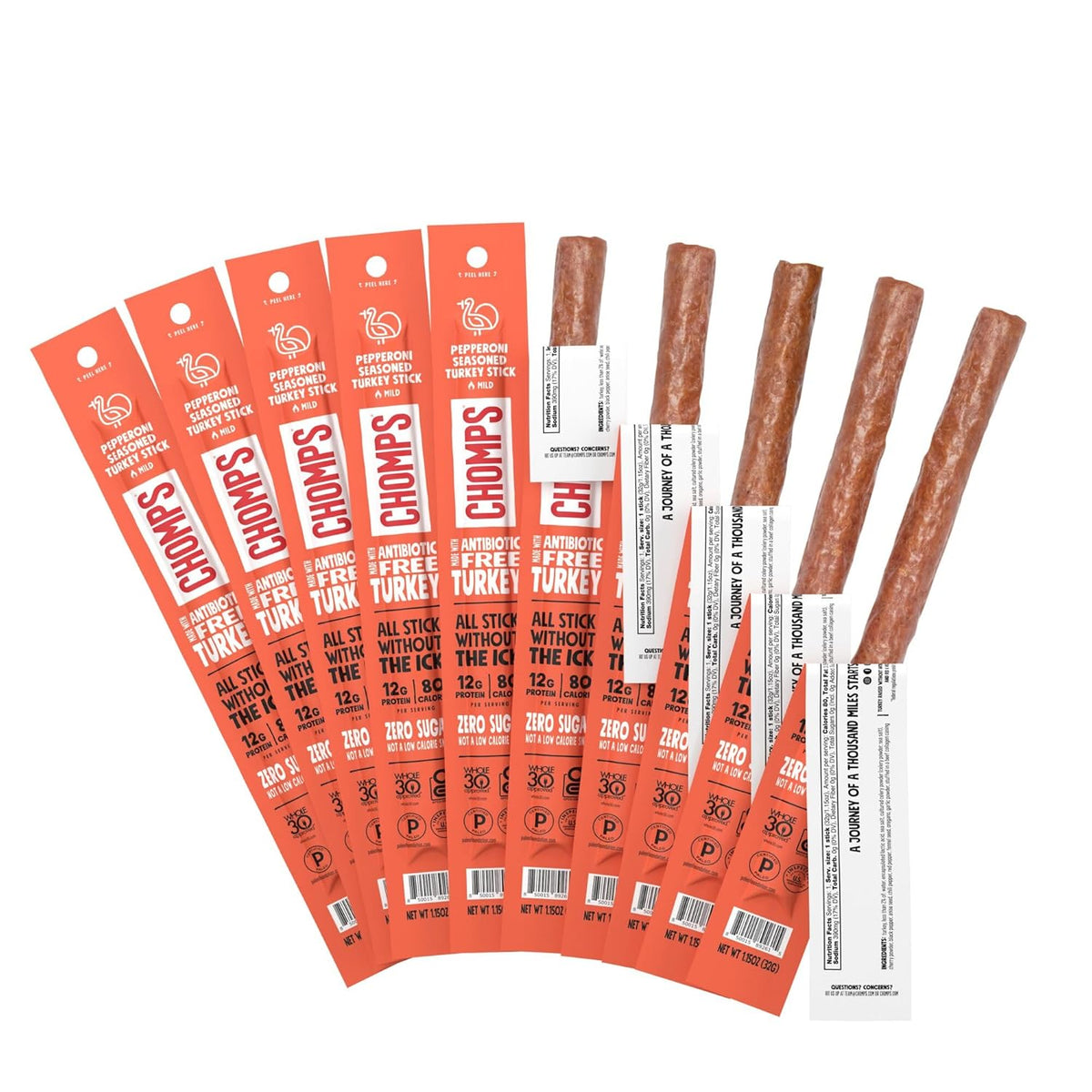 Chomps Original Turkey Jerky Meat Snack Sticks 10-Pack - Keto, Paleo, Low Carb, Whole30 Approved, 12g Lean Meat Protein, Gluten Free, Antibiotic Free, Zero Sugar Food