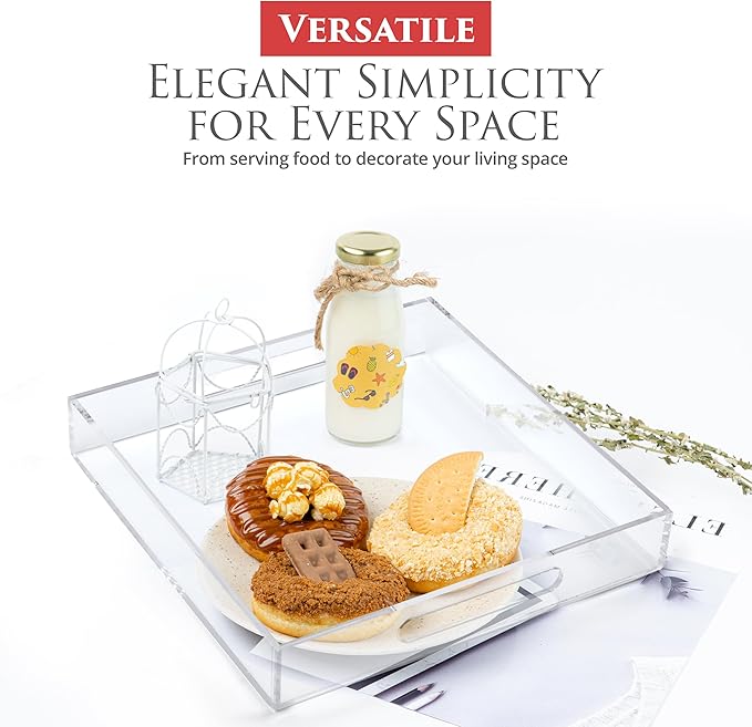 Acrylic Tray 12x12 with Cut Handles - Spill Proof Decorative Tray is an Ideal Countertop Organizer for Living Rooms, Ottoman Coffee Tables, Offices, Kitchens & Serving Guests