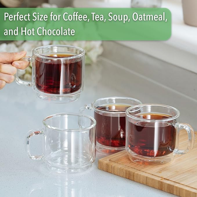 BTaT- Double Walled Stackable Glass Coffee Mugs, 12 oz, Set of 4, Glass Coffee Cups with Handle, Insulated Clear Coffee Mug for Hot and Cold Beverages, Cappuccino, Latte, Tea, Americano
