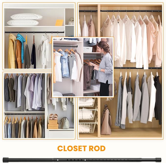 Oval Closet Rod for Hanging Clothes Adjustable Closet Rods 18 to 63 Inch Heavy Duty Black Poles Bar Closet Rod Expandable for Wardrobes Laundry RV