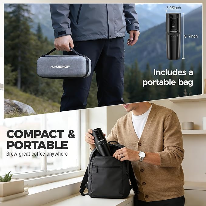 HAUSHOF Portable Coffee Maker, Camping Coffee Makers Travel Mini Coffee Maker, Portable Travel Coffee Maker with Grinder, Personal Cordless Travel Coffee Maker for Car, Camping, and Home
