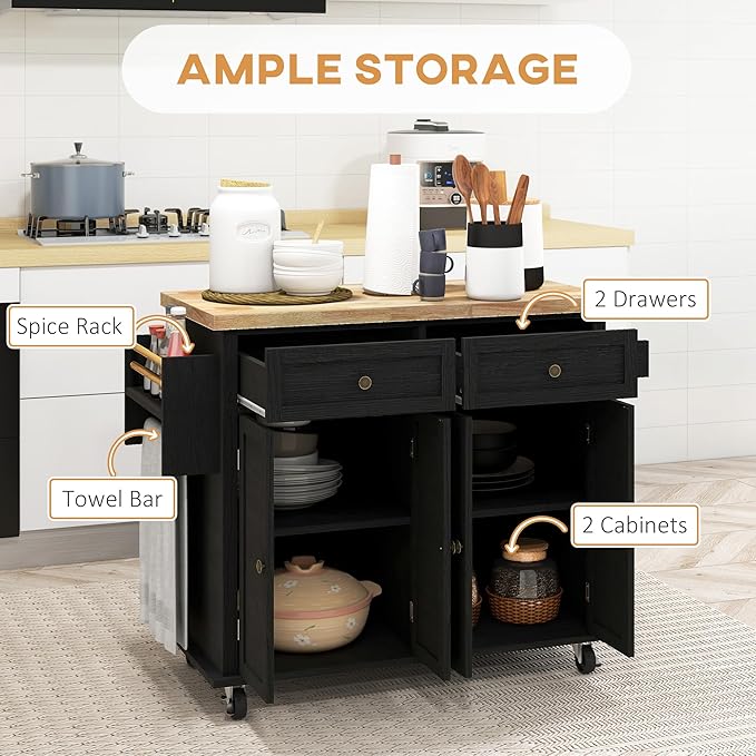 HOMCOM Kitchen Island Cart with Rubber Wood Top, Rolling Kitchen Island Table on Wheels with Drawers, Adjustable Shelves, Spice Rack and Towel Rack for Dining Room, Distressed Black