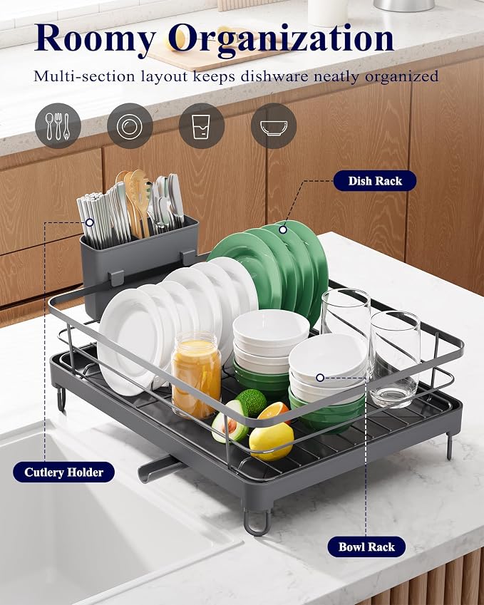 Kitsure Dish Drying Rack for Kitchen Counter, Stainless Steel Sink Organization and Storage Essentials with Cutlery Holder, Home and Appartment Decor, 12.7''W x 16.7''L, Grey